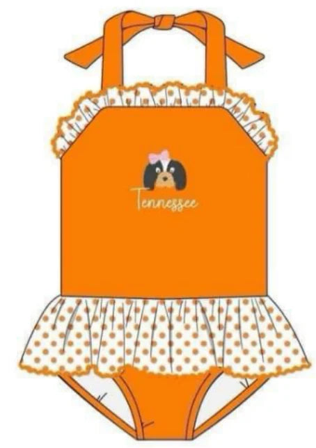 5.14 Girls team custom orange striped halter swimsuit