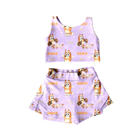 4.24GSD2510 Baby Girls Lavender Sleeveless Cartoon Dogs Top Shorts Skirts Outfits Preorder