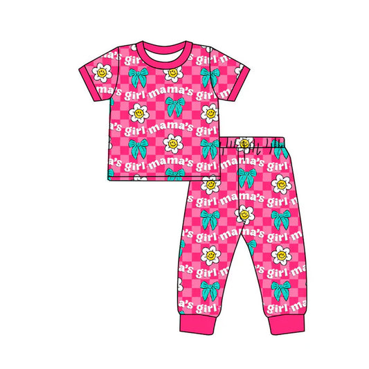 9.26 GSPO2084 Baby Girls Pink Checked Mamas Girls Bows Smiles Top Pants Pajamas Sets Preorder