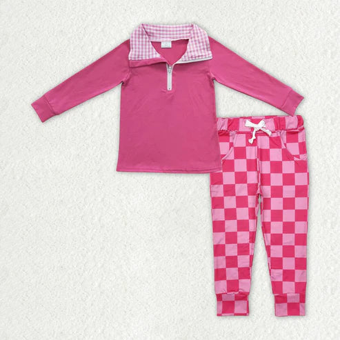 3.18 GT0276+P0700 Baby Girls Pink Pullovers Top Checkered Pants Clothes Set