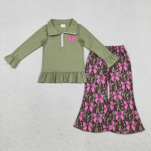 11.27 GT1272+P0896 Embroidery Bows Baby Girls Olive Zipper Pullovers Camo Bell Bottom Pants Clothes Set