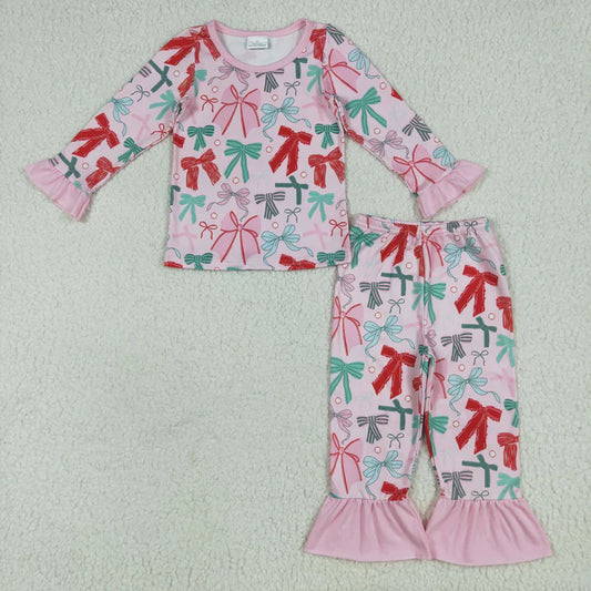 8.16 GLP2413 Baby Girls Pink Long Ruffle Sleeves Colorful Bows Top Pant Pajamas