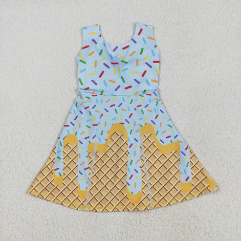 5.15  GSD2415 Baby Girls Blue Ice-cream Drip Yoga Skort Knee Length Dress