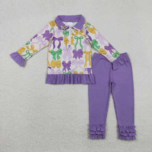 11.26 GLP2823 Baby Girls Mardi Gras Bows Zipper Pullover Ruffle Legging Clothes Set