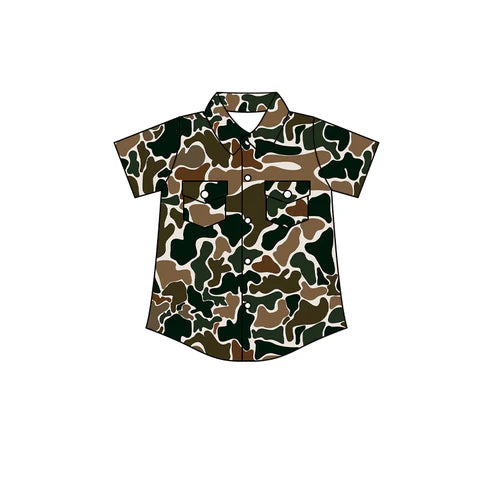 BT1200 Baby Boys Dark Brown Camo Short Sleeves Button Pockets Shirts Top Preorder