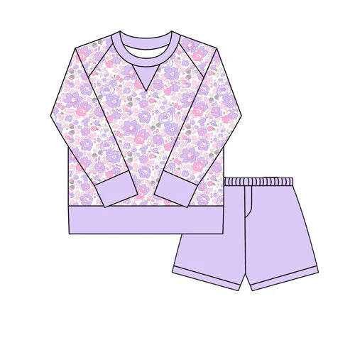 10.18 GLS0024 Baby Girls Lavender Pink Floral Long Sleeve Top Shorts Yoga Clothes Sets Preorder