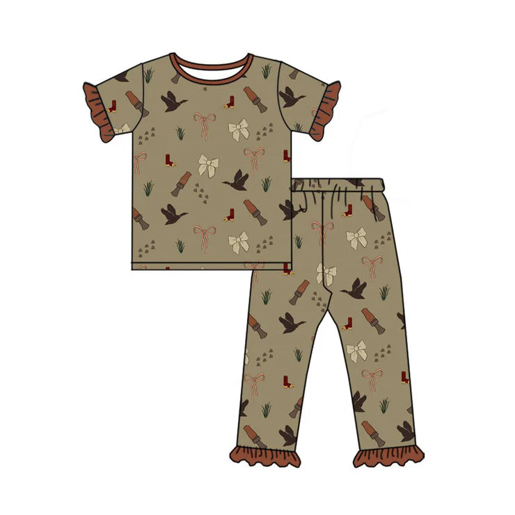 11.8 MOQ：5pcs GSPO2195 pre-order toddler girl clothes hunting girl spring pajamas outfit