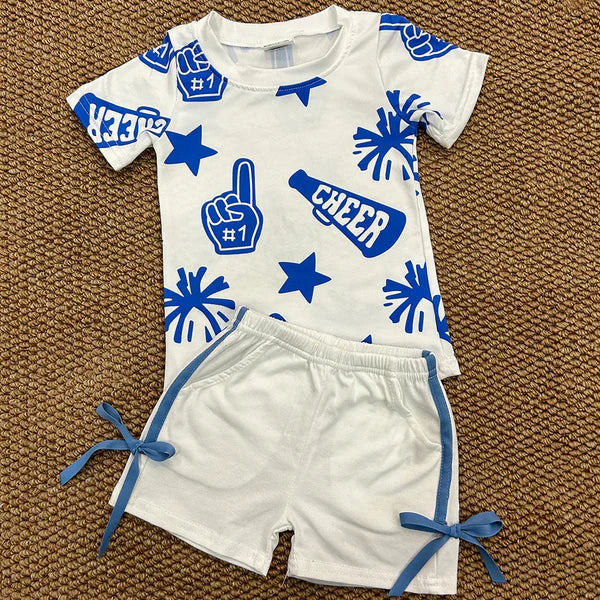 3.17 GT0941+SS0424 Baby Girls Blue Cheer Top Cotton Shorts Outfits Clothes Set