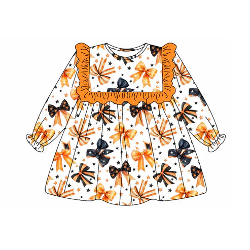 5.20 GLD1044 Baby Girls Long Ruffle Sleeves Colorful Bows Stars Knee Length Dresses Preorder