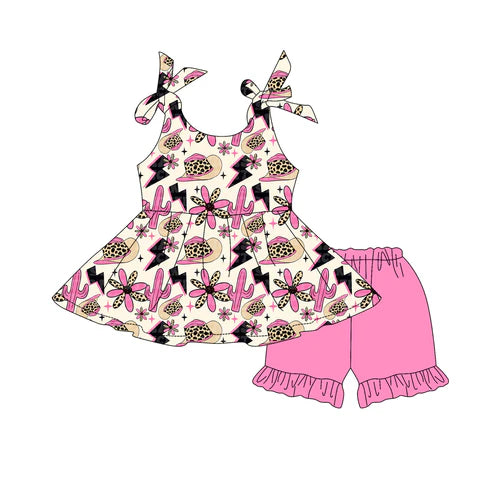 4.21  GSSO2561 Baby Girls Strap Flowers Hats Tunic Pink Ruffle Short Set Preorder