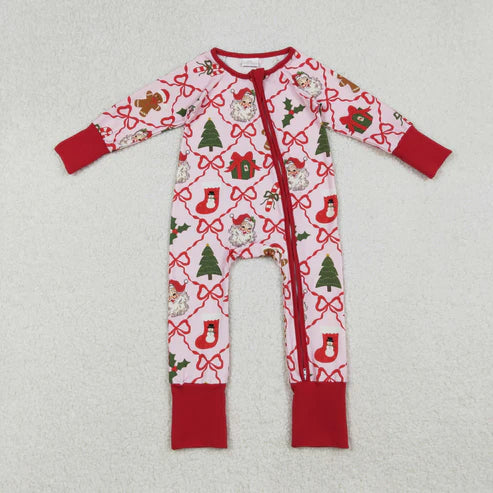 9.29 LR2632 Baby Girls Red Bows Santa Gifts Plaid Christmas Zipper Footie Romper