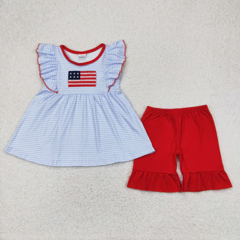 4.15 GSSO2238 Embroidery Baby Girls Blue Checkered Flag Tunic Top Ruffle Shorts Clothes Set