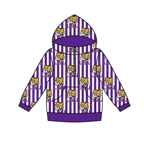 11.4 Custom Moq 8 Baby Boys Zipper Pockets Purple Stripe LSU Tigers Team Hoodies Top