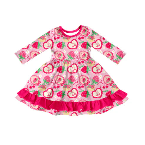 10.2 GLD1359 Baby Girls Pink Bows Strawberry Flowers Ruffle Knee Length Dresses Preorder