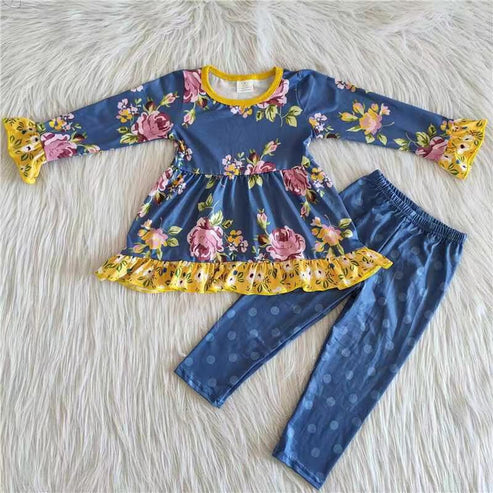 RTS NO MOQ ETA 5/7days Arrived 6 A26-15 Blue flower yellow edge polka dot pants suit