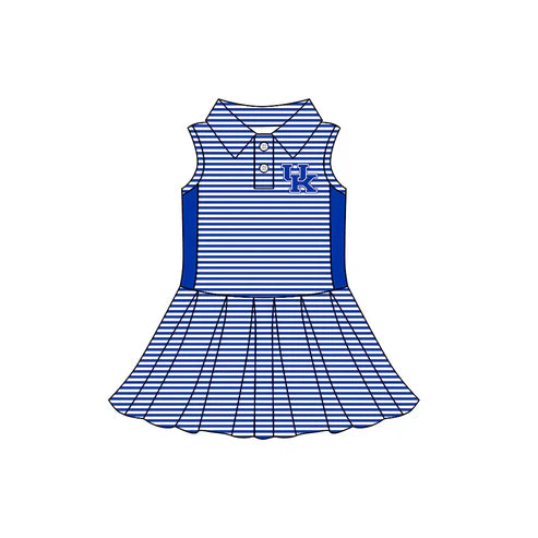 8.1 Custom Moq 5 Baby Girls Sleeveless bLUE Stripe Button UK Team Knee Length Dresses