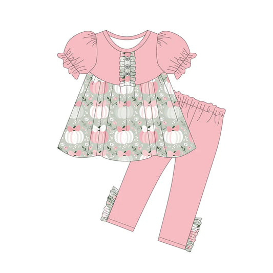 6.13 GSPO2042 Baby Girls Pink Short Ruffle Sleeves Pumpkins Button Tunic Legging Pant Set Preorder