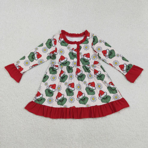 8.25 GLD1230 Baby Girls Button Christmas Hats Green Face Flowers Ruffle Knee Length Dress
