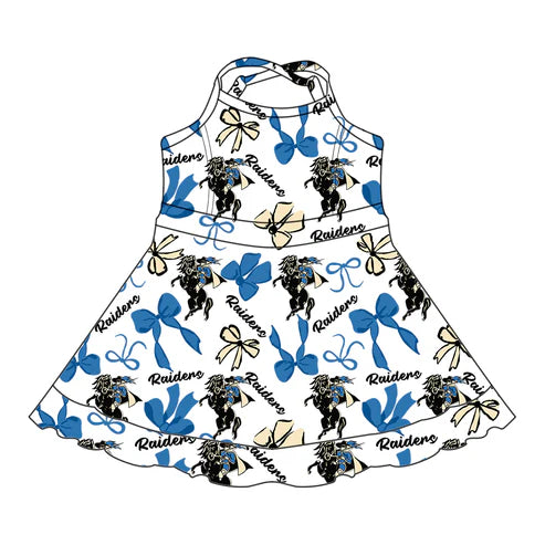 8.12  Custom Moq 5 Baby Girls Blue Bows Raiders Short Ruffle Team Knee Length Dresses