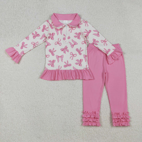 9.24 GLP2778 Baby Girls Pink Bows Zipper Pullover Ruffle Legging Pant Fall Clothes Set