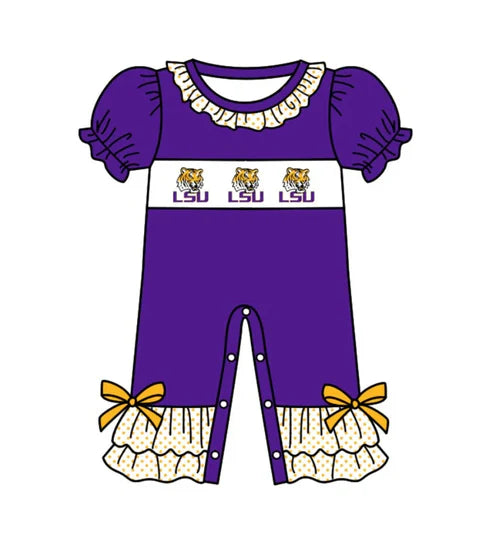 5.6 Baby Infant Girls LSU Tiger Team Purple Checkered Sleepers Rompers Preorder(moq 3)