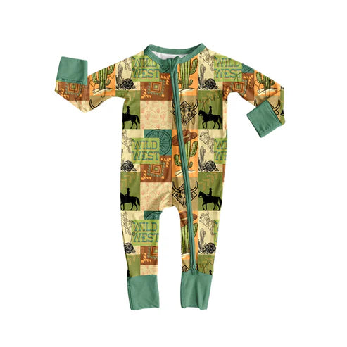 8.5 LR2549 Baby Boys Bull Skull Cactus Western Zipper Footie Rompers Preorder