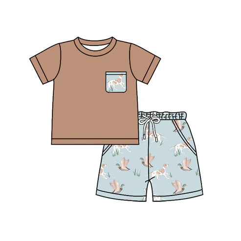 3.21  BSSO1420 Baby Boys Khaki Short Sleeves Pocket Top Ducks Dogs Short Clothes Set Preorder