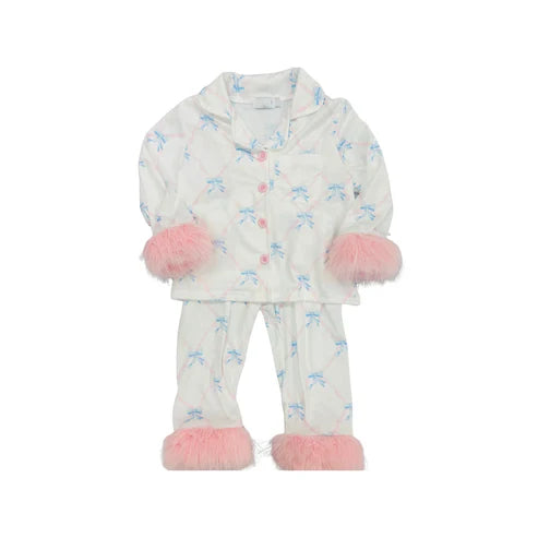 9.2 GLP2765 Baby Girls Light Blue Bows Plaid Button Pocket Top Pant Fur Pajamas Set Preorder