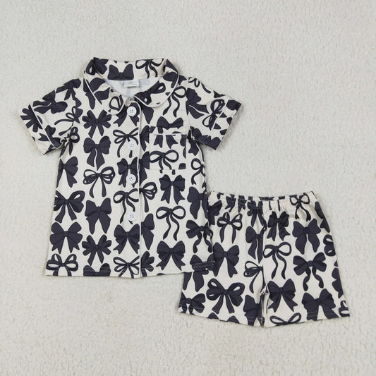 6.26 GSSO2663 Baby Girls Short Sleeves Black Bows Button Pocket Top Short Pajamas Set