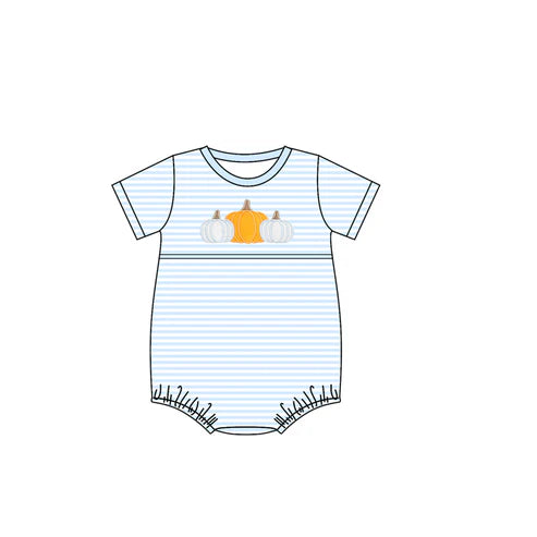 8.8 SR3199 Baby Boys Blue Stripe Pumpkins Fall Rompers Preorder