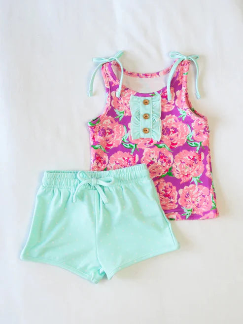 3.20 GSSO2356 Baby Girls Pink Sleeveless Floral Button Top Aqua Shorts Set preorder