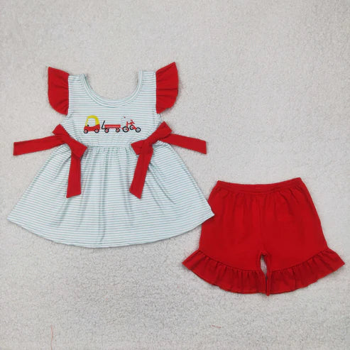 4.9 GSSO2404 Embroidery Baby Girls Red Flutter Sleeves Trucks Bows Tunic Red Ruffle Short Set