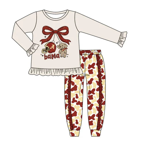 8.8 Custom Moq 5 Baby Girls Alabama Bows Leopard Team Top Pants Clothes Sets