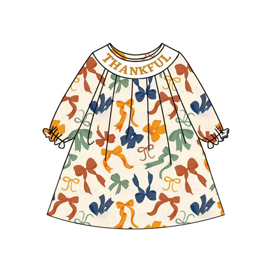 6.12 GLD1086 Baby Girls Long Ruffle Sleeves Smocked Thankful Colorful Bows Knee Length Dresses Preorder