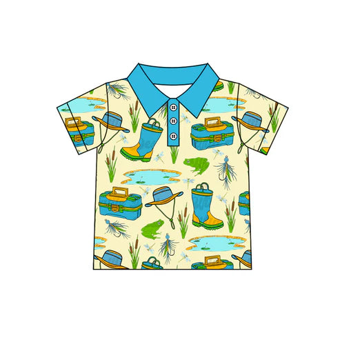 4.19 BT1226 Baby Boys Blue Short Sleeves Button Fishing Polo Shirts Top Preorder