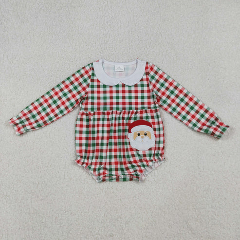 10.14 LR2357 Embroidery Santa Baby Girls Red Green Checked Ruffle Collar Romper