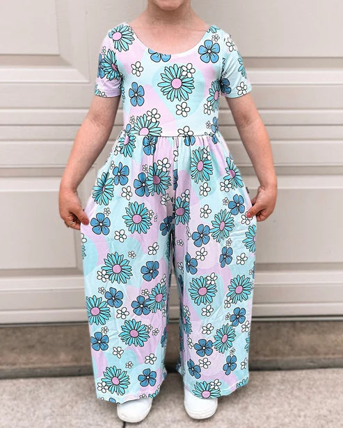 6.4 SR2014 Baby Girls Blue Flowers Spring Pockets Jumpsuits Preorder