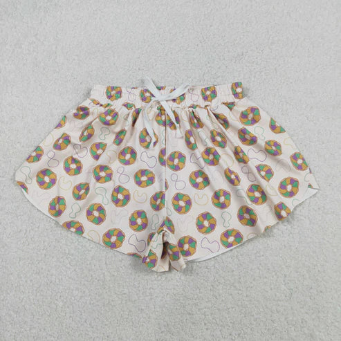 12.3 SS0680 Adult Women Mardigras Donuts Necklaces Yoga Active Ruffle Shorts Bottoms