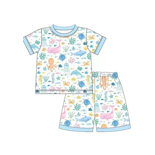BSSO1391 Baby Boys Blue Sea Animals Shirt Shorts Pajamas Clothes Sets preorder