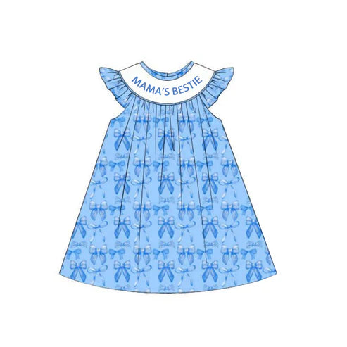 4.11 GSD2383 Baby Girls Blue Sleeveless MAMA'S BESTIE Bows Knee Length Dresses Preorder