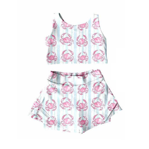 5.22 GSD2575 Baby Girls Sleeveless Blue Stripe Crabs Vests Top Skorts Yoga Clothges Set Preorder