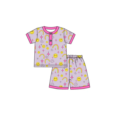 6.19 GSSO2613 Baby Girls Short Sleeves Smiles Rainbows Button Top Short Pajamas Set Preorder