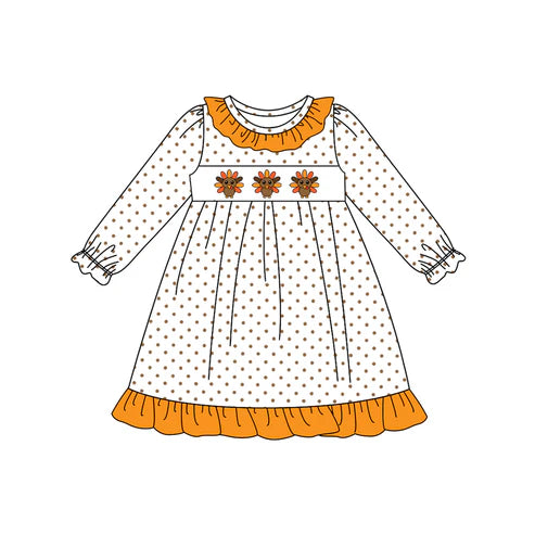 7.28 GLD1218 Baby Girls Long Ruffle Sleeves Turkey Polka Dots Knee Length Dresses Preorder