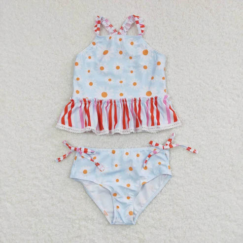 S0157 Daisy Flower Red Stripe Light Blue Swimsuit Suit