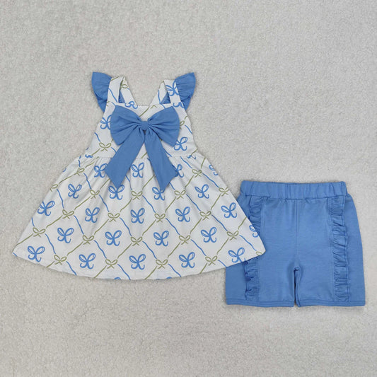 3.17 GSSO2109 Baby Girls Blue Bows Tunic Ruffle Shorts Clothes Set