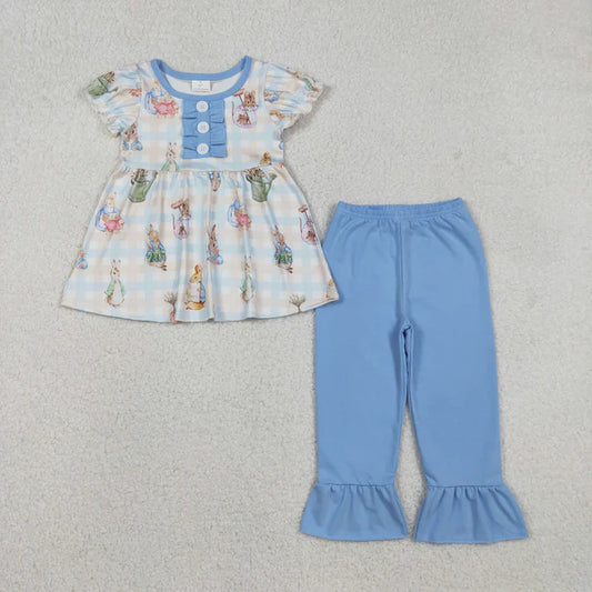 12.13 GSPO2094 Baby Boys Blue Checked Rabbits Tunic Ruffle Pants Easter Clothes Set