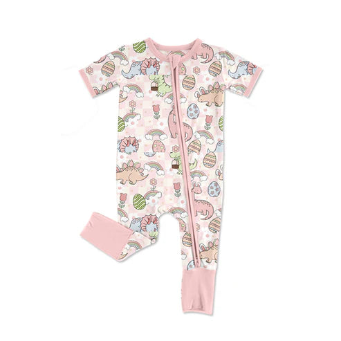 SR2343 Baby Infant Girls Pink Easter Dinosaurs Zip Short Sleeve Rompers preorder