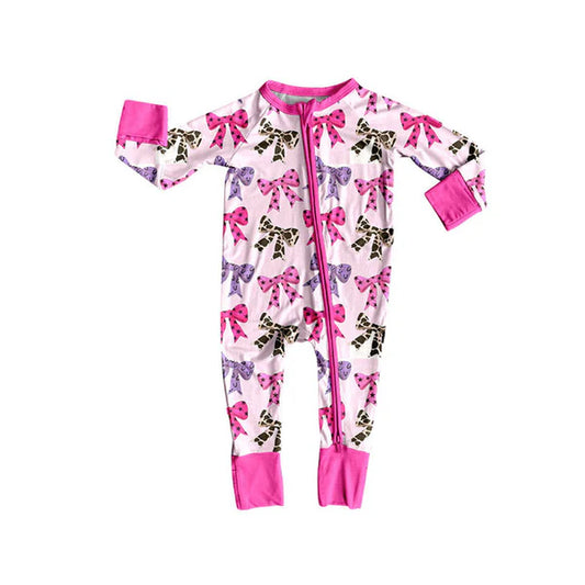 8.26 LR2585 Baby Girls Colorful Bows Plaid Fall Zipper Footie Rompers Preorder