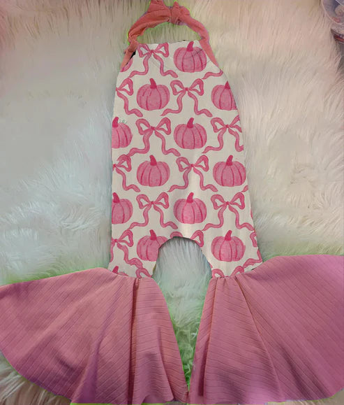 8.6 SR3200 Baby Girls Pink Strap Bows Pumpkins Plaid Bell Bottom Fall Jumpsuits Preorder