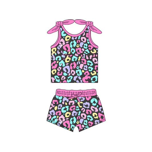 L-3.6 GSSO2141 Baby Girls Colorful Leopard Bow Top Shorts Clothes Sets Preorder